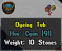 Dye Tubs are special items that can be used change the color of certain items. Most Dye tubs come undyed, meaning Hue 0 and require the use of Dyes in order to access the menus to change the color of a Dye Tub. Dyes are a common item that can be purchased from Tailor NPCs along with Normal Dye Tubs. To use a dye tub you must be within a few tiles of the tub, double click the Dye Tub, and then select the item.