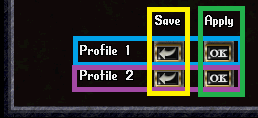 The Butler Menu Profile Section. The Blue Row Represents Profile 1, the Purple Row Represents Profile 2. You can use the Yellow Column to Save the current profile, and the Green Column to immediately switch to a previously Applied Profile.