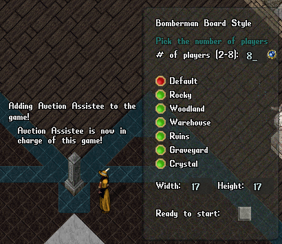 The Bomberman Board Style menu that allows you to set the number of players, the type of Arena, the size of the Arena, and be able to set the game into a "Ready to Start" state.
