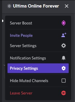 Server specific context menu for allowing of direct messages in Discord.