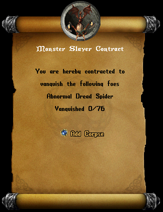 The Monster Contract Menu. Here you can see the Name and Amount of monsters the contract is for along with the "Add Corpse" button.