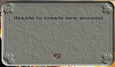 The Unable to create ne account message from the login creation process in Ultima Online Forever.