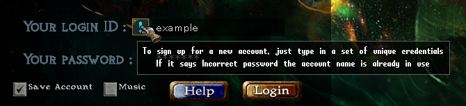 The Login Menu that has the Login ID, Password, and the ability to save your Account Name and turn on/off the Music that pays when running the application.