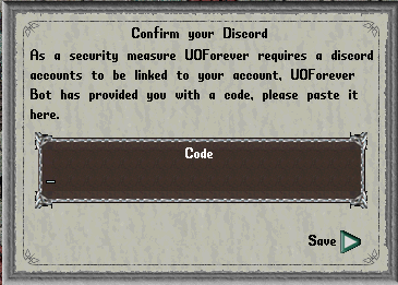 The Discord Validation Menu in the Ultima Online Forever game.