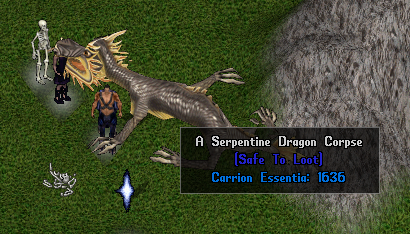 A slain serpentine dragon showing the tool tip of the Carrion Essentia value of 1636, which is used to determine the strength and type of reanimation you can perform with the Idol of Forbidden Magic Talisman.
