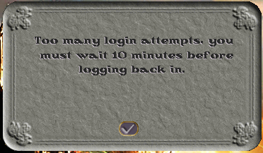 The Too Many Login Attempts message that occurs when attempting to log into Ultima Online Forever too many times.