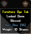 The Furniture Dye Tub can be purchased with Donation Coins and can only be used to dye player-made or purchased furniture/containers and non-deeded house add-ons.