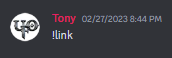The !link command used to initiate the linking process of your in game account to DIscord.