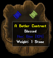 Butler Contracts, on the left is a newly purchased, never used been used contract which is indicated by the blue color. The right is the same contract but has been placed one before. Butler keep all inventory, names, and items worn when they are returned back into a butler contract.