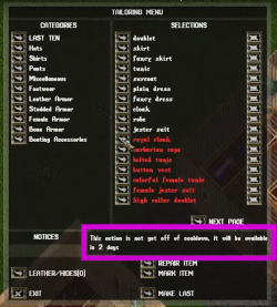 Some Antique of the Artisan Mythical Crafting recipes shown in the Tailoring Menu, which is accessed by your average sewing kit. The recipes are shown in red, and a message highlighted in purple shows that these recipes are not able to be crafted yet as they are on a cooldown from a previously crafted Mythical Item.