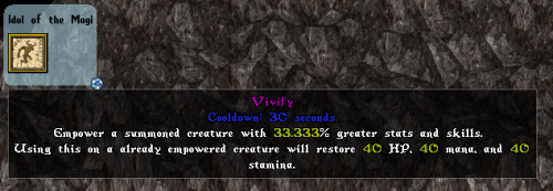 The Activatable Relic Menu showing the Activatable Relic "Vivify" which is a clickable button that will bring up a crosshair to use on a summoned pet.