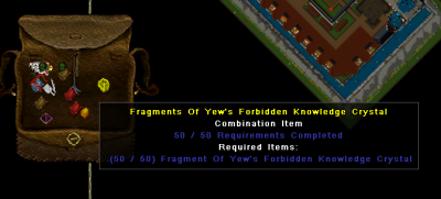 A completed Knowledge Crystal from 50/50 fragments collected in the Yew graveyard for the Idol of Forbidden Magic talisman questline.