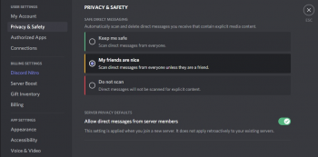 Account wide allowing of direct messages in Discord.
